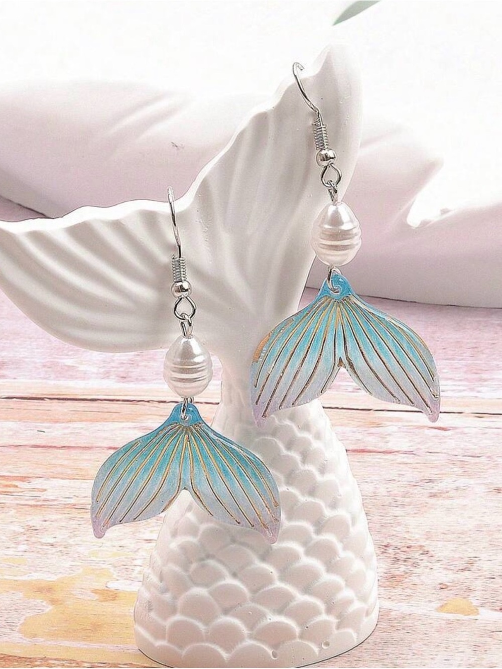 Blue Mermaid Tail Drop Earrings with Pearl Accent - Picture 7 of 7